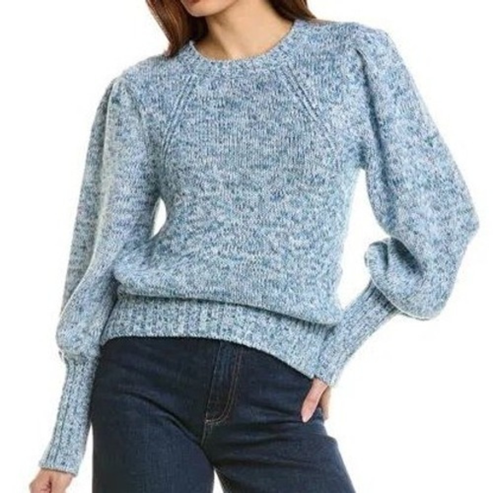 NWT ELIE TAHARI 100% Cotton Textured Blue Knit Crew Neck Sweater Puff‎ Sleeve M